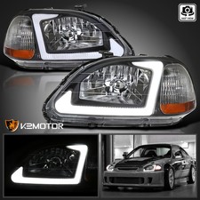 Black Fits 1996-1998 Honda Civic Headlights Head Lamps Led Tube Leftright