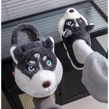 Y2k Husky Men Dog Slippers Plush Slide On 9.5 Loungewear Comfy Cozy Winter