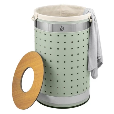 B-Ware eluno runde Wäschetonne, mit Wäschesack und Deckel, 50 L aus Metall, mint - Bild 1 von 4