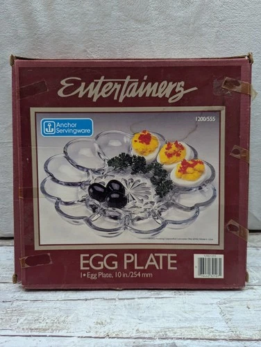 Vintage Anchor Hocking Clear Glass Deviled Egg Plate 10" in Original Box