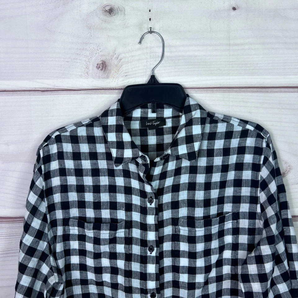 Lord & Taylor Top Womens L Black Gingham Print Shirt Linen Button Up Long Sleeve - Image 2 of 4