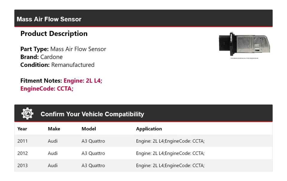 Sensor de flujo de aire de masa Cardone 2012 para Audi A3 Quattro 2L L4 2011-2013 Foto 2 de 4