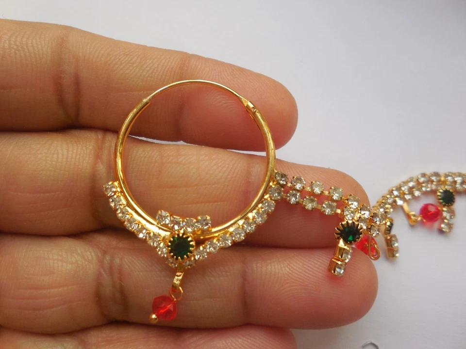 Anillo Nariz India Nath Joyería Tono Dorado Boda Aro Piercing Con Cadena Foto 3 de 4