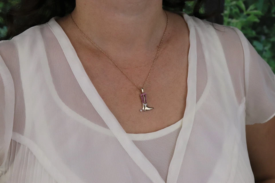 10k Yellow Gold Lab Created Ruby and Diamond Cowboy Boot Pendant Only 1" x 3/4" - Image 3 of 4