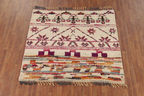 Handmade Plush Ivory Moroccan Square Rug 5x5 Wool - Picture 3 of 17