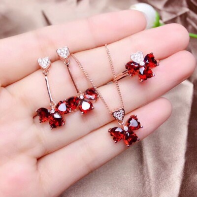 18k Rose Gold Plated Ruby Clover Necklace Earring Ring Set Women's Jewelry Gift