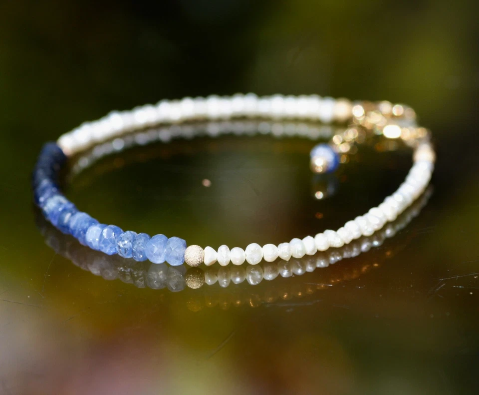 Brazalete Natural Ombre Zafiro y Perla Oro Amarillo 14K Relleno 7 1/5" - 7 3/4 Foto 4 de 4