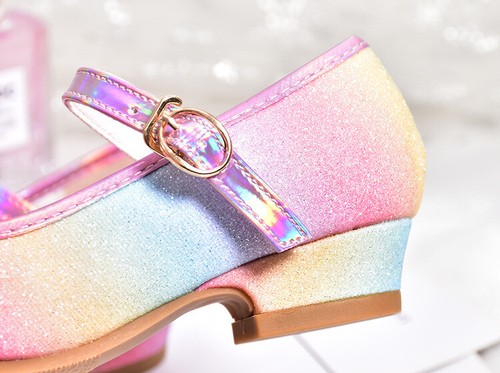 Kids Girls Party Wedding Mary Jane Rainbow Bow Sparkly Sandals Low Heel Shoes UK - Picture 8 of 23