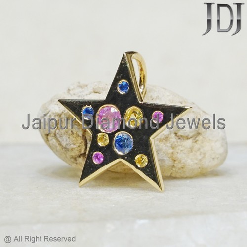14k Oro Amarillo Macizo Natural Multi Zafiro Gema Estrella Dorada Colgante Charm - Imagen 3 de 14