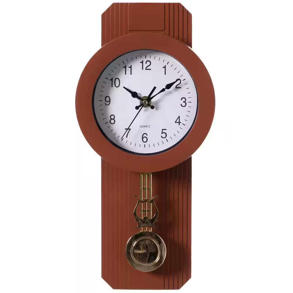 Traditional Brown round Wood- Looking Pendulum Plastic Wall Clock for Living Roo