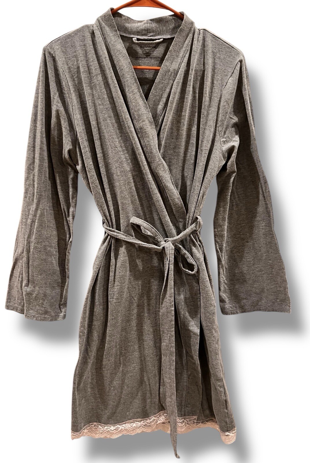 Motherhood Maternity Short Tie Front Nursing Robe Pink Lace Gray Large POCKETS!