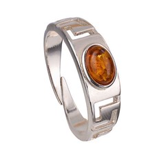 Baltic Honey Amber and Sterling Silver Greek Key Meander Ring - Adjustable