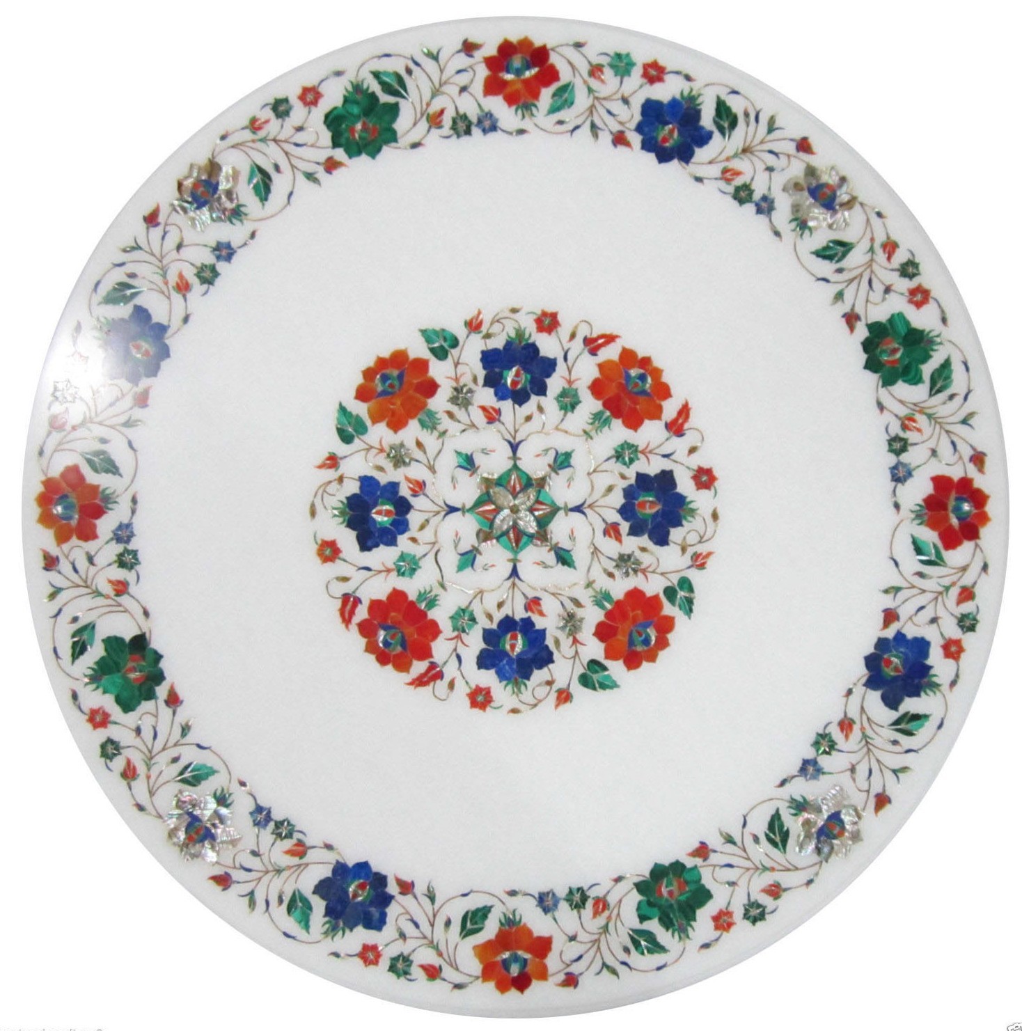 24-inch round marble coffee table with semi-precious stone inlay art