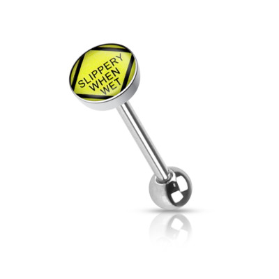 Tongue Ring Barbell With ''SLIPPERY WHEN WET'' Picture Logo Flat TOP 14G (B/6/6)