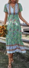 Midi Short Sleeve Boho Dress Small V-Neck Green Floral Tie Waist Soft