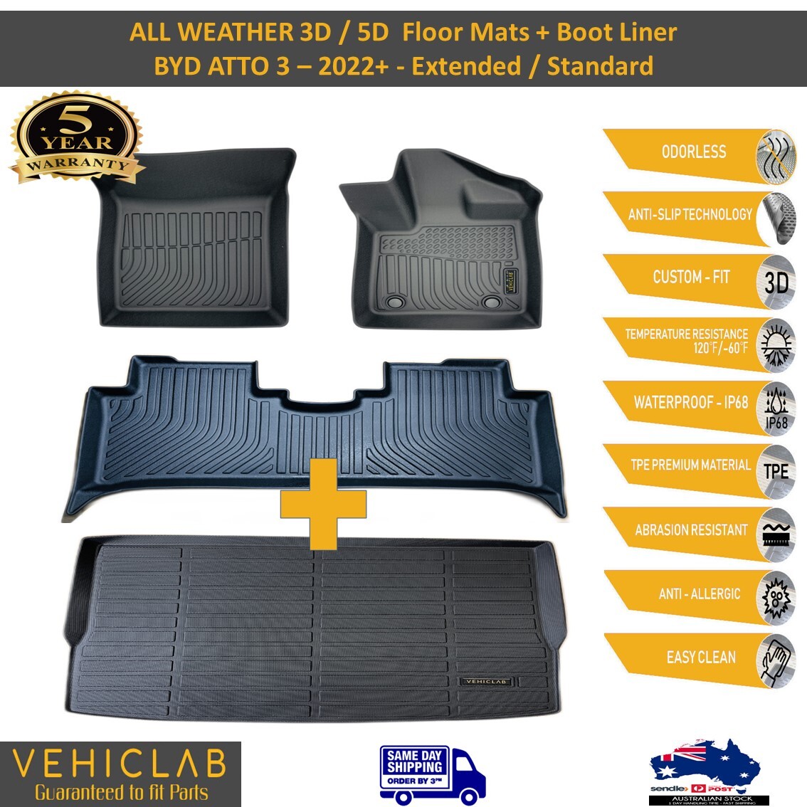 3D 5D TPE All-Weather Car Floor Mats with Boot Liner for BYD ATTO 3 2022 Onwards