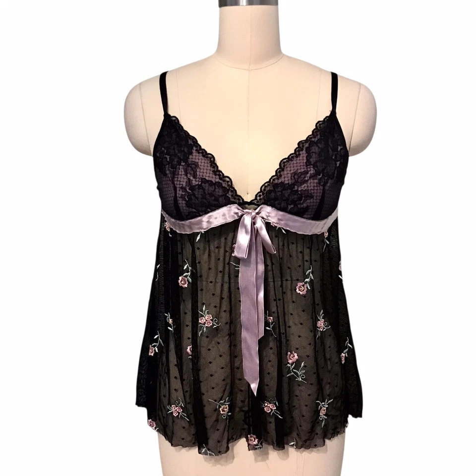 Y2K Rampage Lace Babydoll Cami Top Coquette Fairy Grunge Bow Sheer Sz L - Image 2 of 4
