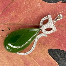 Jade Pendant Necklace Natural Canadian Nephrite Green Silver 36X17 mm 1233-1