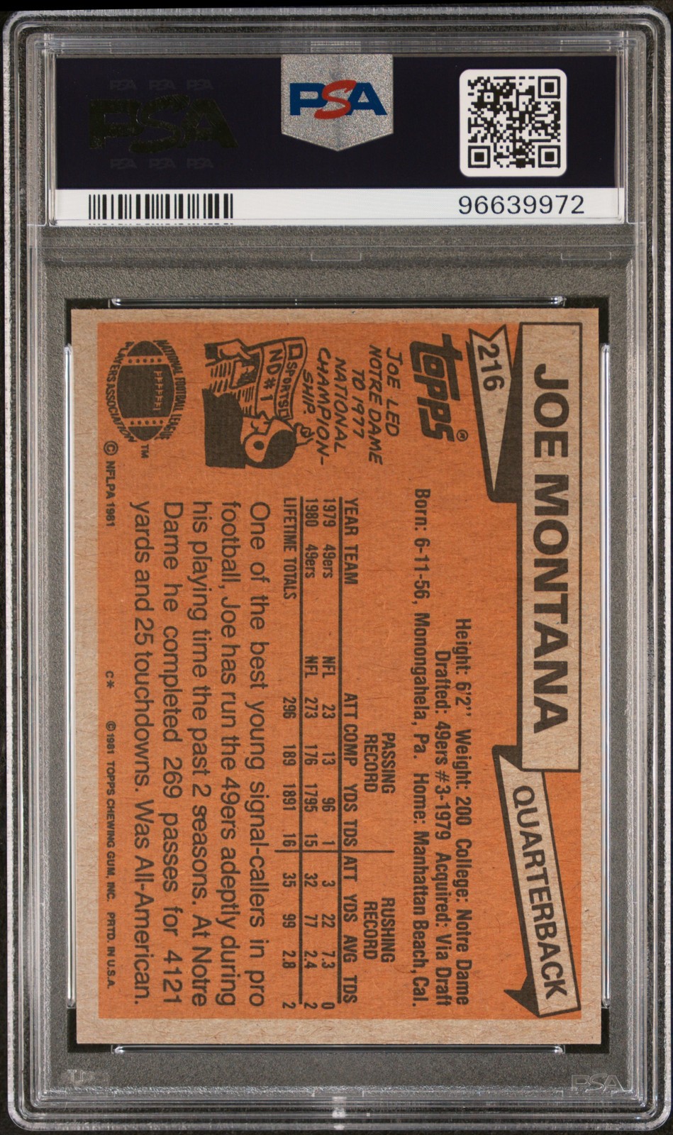 1981 Topps #216 Joe Montana PSA 6 view 2