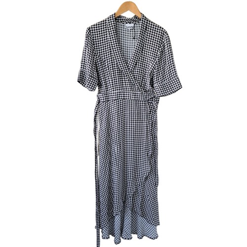 GANNI Blank & White Gingham Check Midi Wrap Dress Size 40 (8 US) - Picture 12 of 13