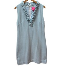 Lilly Pulitzer Tisbury Women L Blue Ruffle V-Neck Textured Stripe Shift Dress