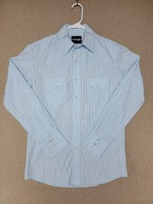 WRANGLER Men's SMALL Pearl Snap Long Sleeve Shirt Light Blue Striped