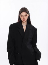 Women s Black Oversized Solid Button Closure Long Length Long Sleeve Blazer