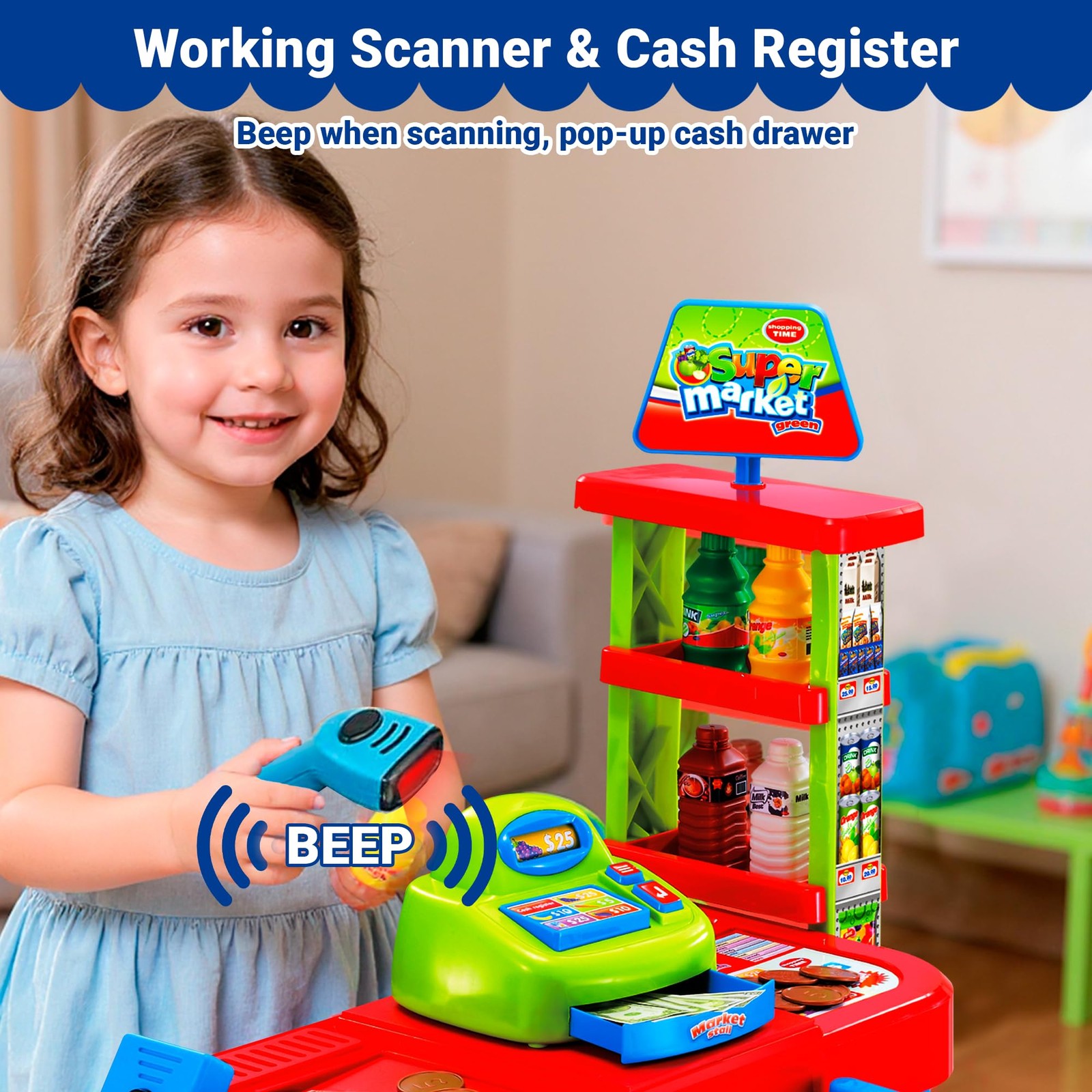 как выглядит Grocery Store Playset for Kids - Toy Shopping Cart, Cash Register Food фото