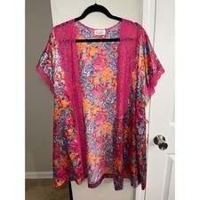 Vanity Fair Robe Womens L Pink Floral Excellent Lace Trim Short Sleeve Satin USA