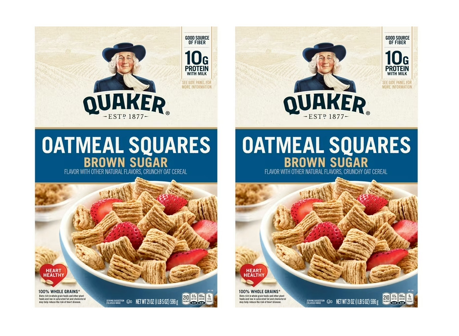 Quaker Oatmeal Squares Crunchy Oat Cereal Brown Sugar, 21 oz pack of 2