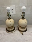 Pair Vintage MCM Atomic Gold Star Starburst Cream Glass Table Lamps Art Deco