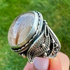 Huge Vintage 925 Sterling Silver Rutile Quartz Filigree Ring Size 7 Handmade