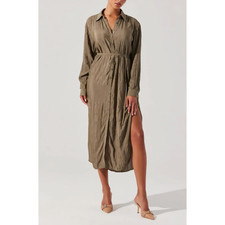 Medium- ASTR the Label- Long Sleeve Midi Shirtdress- Olive Green- Removable Belt