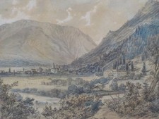 Landschaft, nahe TEGERNSEE? Bleistiftzeichnung um 1850, leicht koloriert