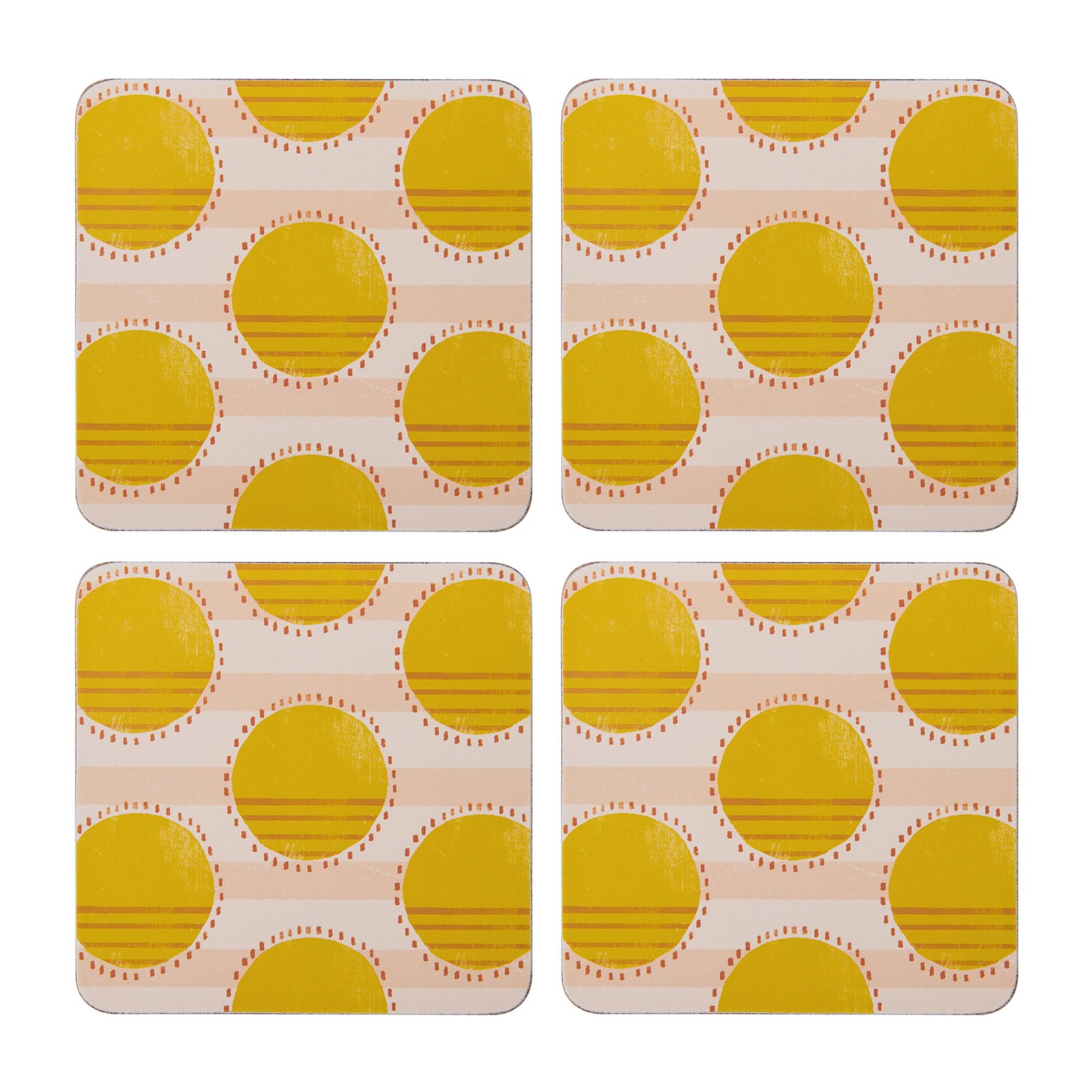 Creative Tops Set of 4 Spotty Yellow Coasters, Square Cork Backed 10.5 x 10.5cm