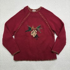 Coldwater Creek Forest Fir Red Sweater Embroidered Wool Pinecone Sz M Christmas