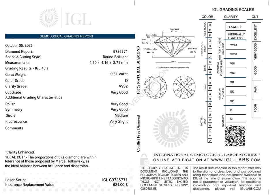 Diamante suelto natural brillante redondo mejorado certificado 0,31 quilates D VVS2 4,2 mm Foto 4 de 4