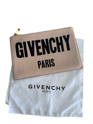 Givenchy Beige Clutch Logo Zipper Zip Closure Dust Bag Women's