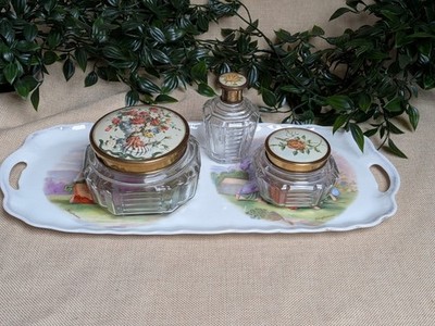 Vintage Regent Products Glass Vanity Set Victoria Austria Tray Floral Pots