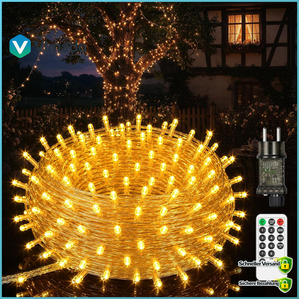 Lichterkette AußEn 25M 200 Leds Warmweiß IP44 Wasserdicht Mit Fernbedienung-image
