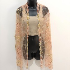Embroidered Sheer Mesh Scarf Peach Gold Leaf Sequin Scalloped Edge Wrap 70x24