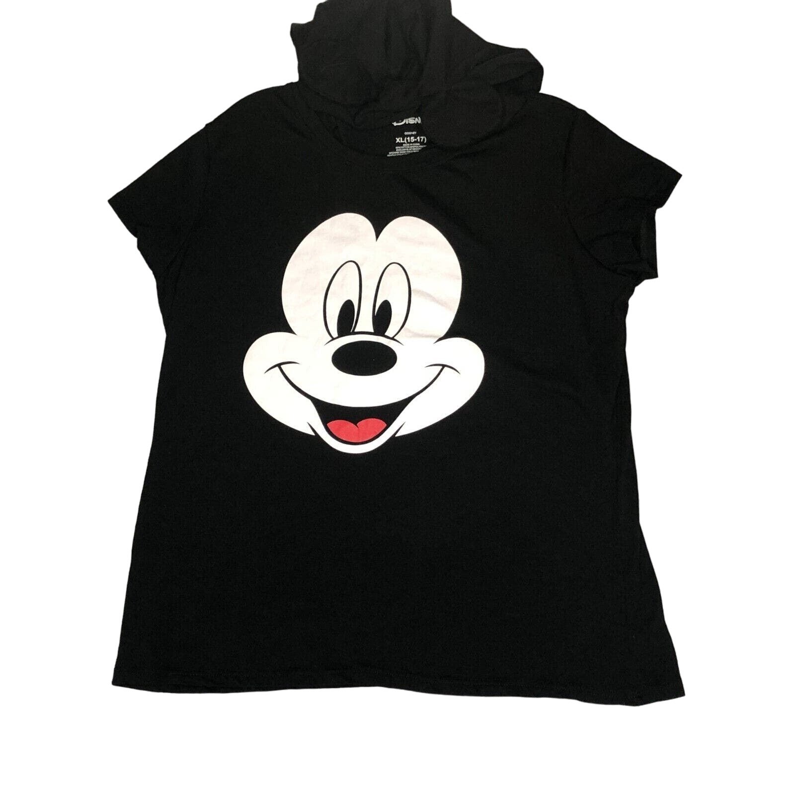 Disney Juniors Women Mickey Mouse Face Graphic Hoodie Ears T-Shirt XL (15-17)