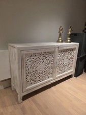 Mango Wood Distressed Hand Carved Sideboard White Wash Finish Woth Drawers