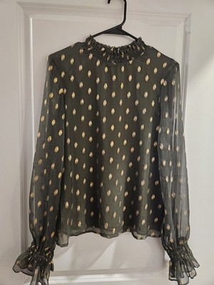 Endless Rose- Womens Small- Long Sleeve Peasant Top. Dark Green/Gold Polka Dot