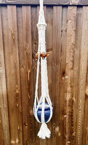 Macrame Cream Plant Hanger Boho 70s Hanging Planter w/ Owl Accents 58” Long