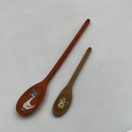 Vintage Hand Painted Folk Art Farmhouse Chick Goose 13.5"& 5" Wood Spoon Signed