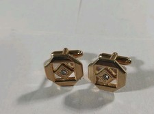 Men's Fashion Costume Jewelry Cuff Links Set Gold Tone with Rhinestone Center