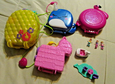 Lot Of Polly Pocket Toy Compact Flamingo Pineapple Narwhal Pinata & Owl 6 Dolls
