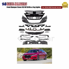 Complete Front Bumper Cover Kit W/Grille & Fog Light Fit 2018-2020 Honda Accord
