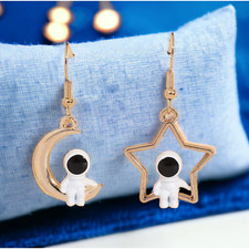 Astronaut Celestial Earrings Gold Tone Moon and Star Space Includes Gift Box NEW